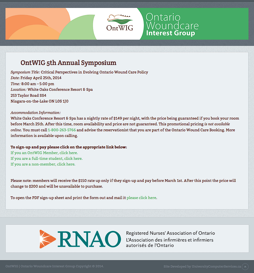 This is the home page of the OntWIG symposium payment gateway.